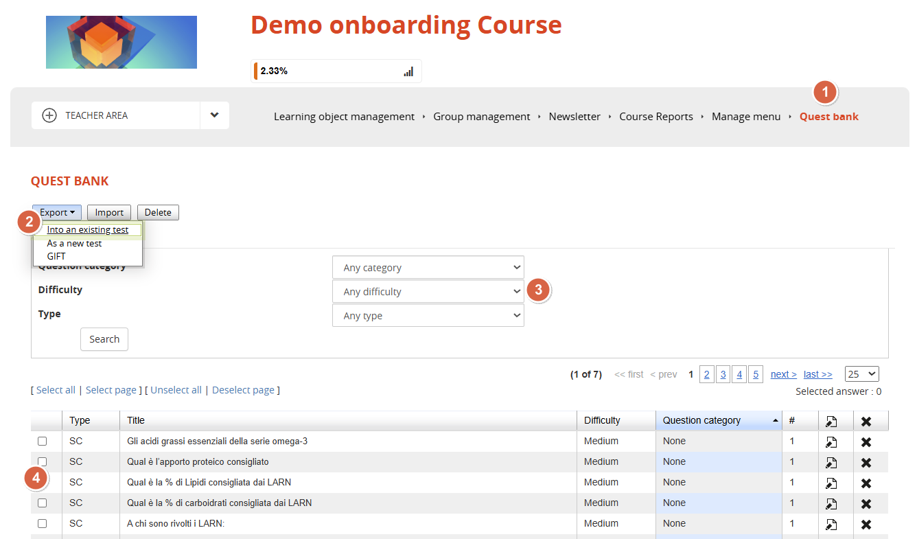 Question Bank interface